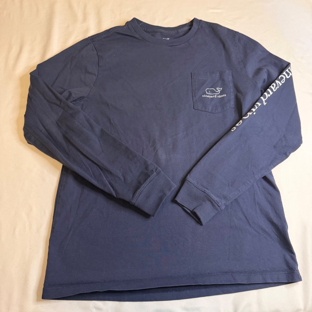 Vineyard Vines Boys Navy Blue Whale Long Sleeve Pocket T-Shirt Size L 16
